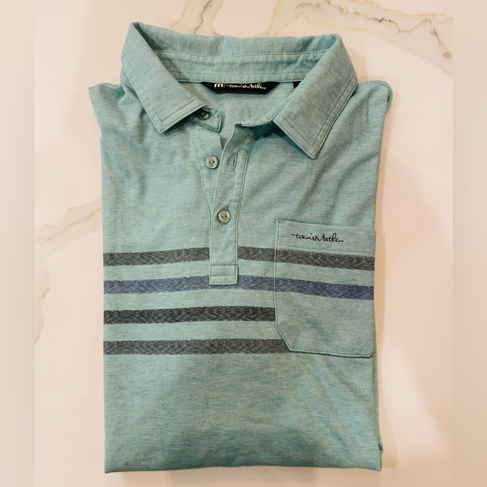 Travis Mathew Green Heather Polo with Grey & Blue Chest Stripes & Front Pocket M